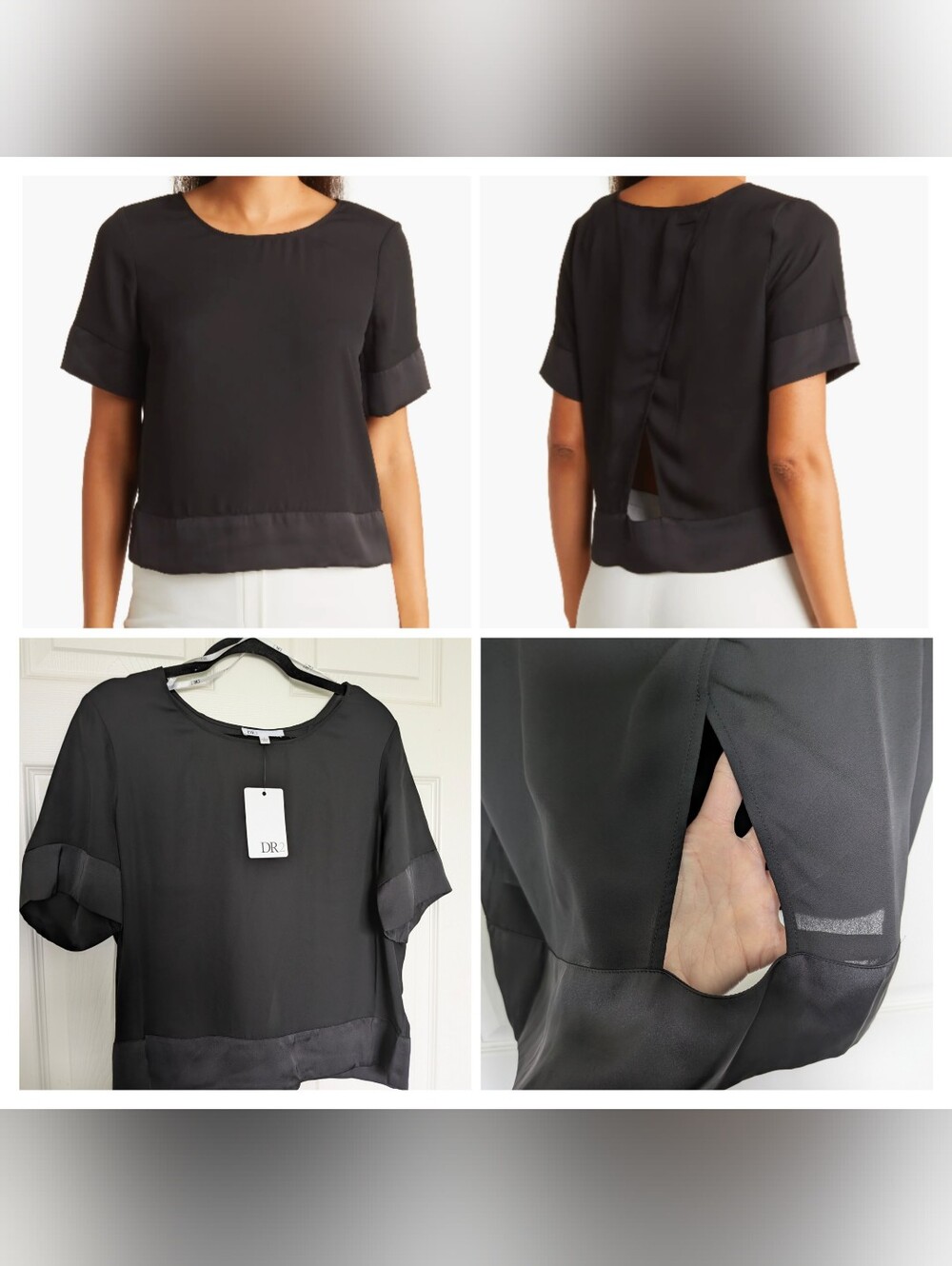 DR2 by Daniel Rainn Black Short-Sleeve Blouse with Satin Trim and Split Back